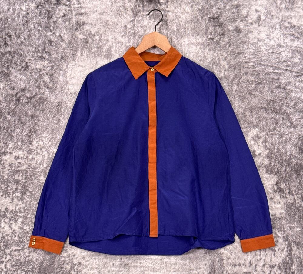 New J Peterman Cotton Silk Blouse 12 Womens Purple & Orange Contrast